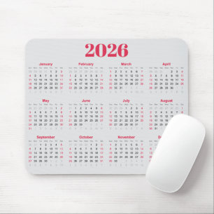 Einfacher roter und hellgrauer 2026-Kalender Mousepad