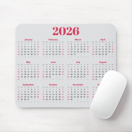 Einfacher roter und hellgrauer 2026-Kalender Mousepad (Mit Mouse)