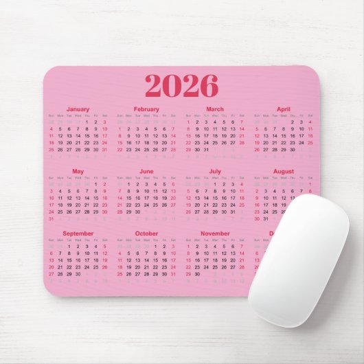 Einfacher roter und rosa 2026-Kalender  Mousepad (Mit Mouse)