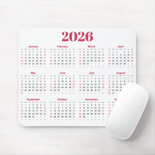 Einfacher roter und weißer Kalender 2026 Mousepad (Mit Mouse)