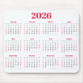 Einfacher roter und weißer Kalender 2026 Mousepad (Vorne)