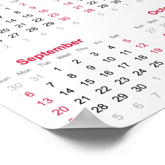 Einfacher roter und weißer Kalender 2026 Poster (Ecke)