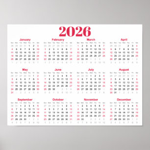 Einfacher roter und weißer Kalender 2026 Poster