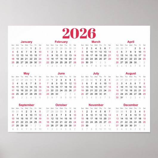 Einfacher roter und weißer Kalender 2026 Poster (Vorne)