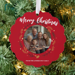 Einfacher roter Weihnachtsgirlande Foto Familienna Ornament Karte