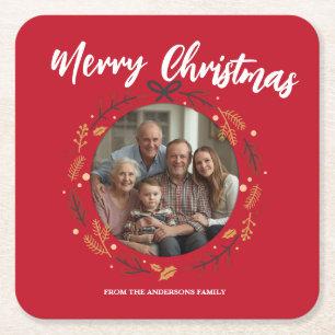 Einfacher roter Weihnachtsgirlande-Foto Familienna Rechteckiger Pappuntersetzer