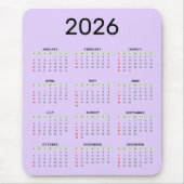 Einfacher schwarzer und violetter 2026-Kalender  Mousepad (Vorne)