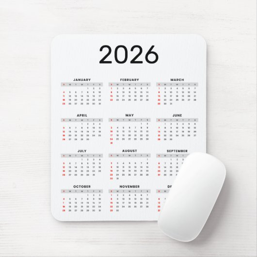 Einfacher schwarzer und weißer Kalender 2026 Mousepad (Mit Mouse)