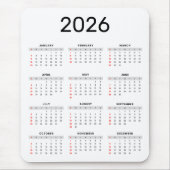 Einfacher schwarzer und weißer Kalender 2026 Mousepad (Vorne)
