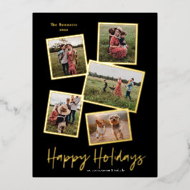 Einfacher Script Happy Holidays 3 Foto Collage Gol Folien Feiertagspostkarte