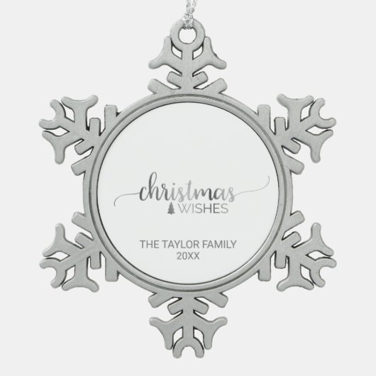 Einfacher Silberkalligraphie-Urlaub Schneeflocken Zinn-Ornament (Vorderseite)