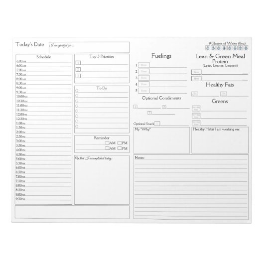 Einfacher Tagesplaner | 5 und 1 Lebensmitteljourna Notizblock (Vorderseite)