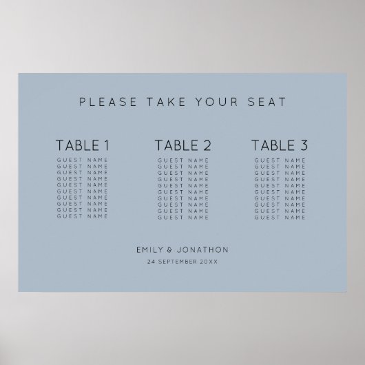 Einfacher Text 30 Gäste 3 Tische Blue Seating Char Poster (Vorne)