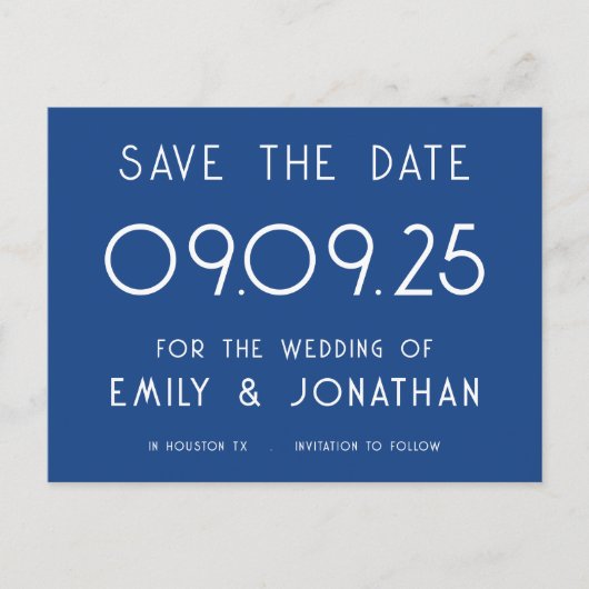 Einfacher Text Blue Wedding Save the Date Ankündigungspostkarte (Vorderseite)