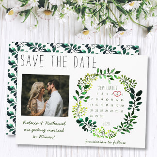 Einfacher Wasserfarben-Grün-Wedding-Fotokalender Save The Date