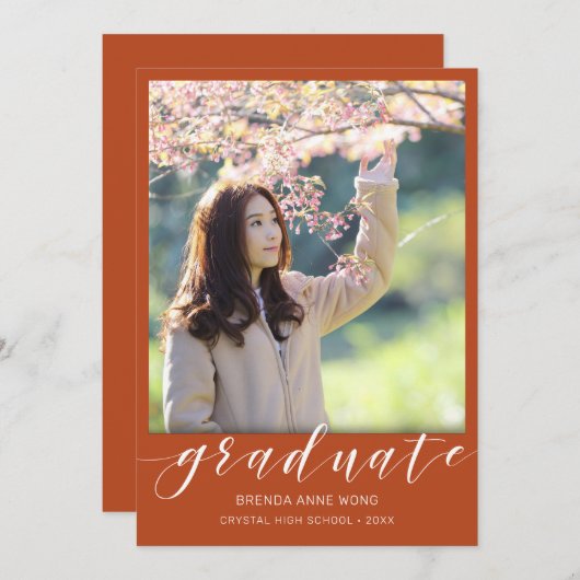 Einfaches Abschluss Foto Weißes Skript auf Orange Ankündigung (Vorne/Hinten)