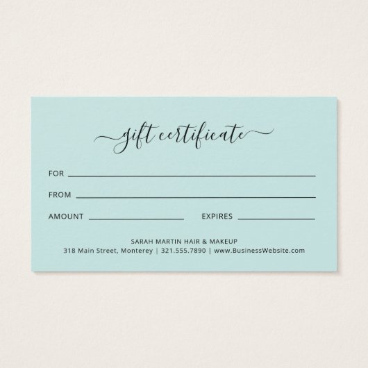 Einfaches Aquamarines Geschenkgutschein (Rückseite)