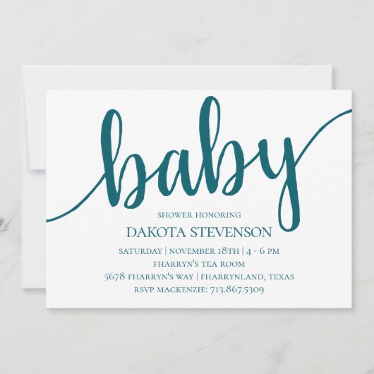Einfaches Aquamarines Skript | Dunkelblaugrüne Bab Einladung (Vorderseite)