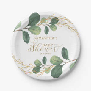 Einfaches Aquarell-Grün-botanische Babyparty Pappteller