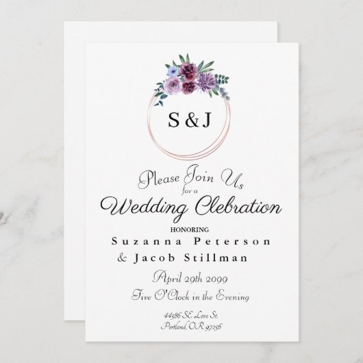 Einfaches Aquarellblumenreich mit Initialen Einladung (Vorne/Hinten)