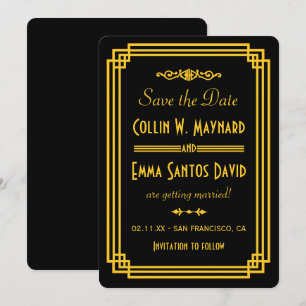 Einfaches Art Deco Schwarz und Gold Save The Date Einladung