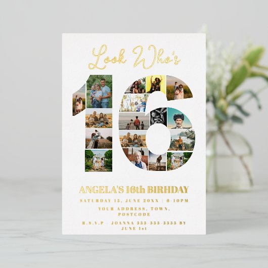 einfaches Aussehen, der 16 Foto Collage 10 Geburts Folieneinladung (Stehend vorne)