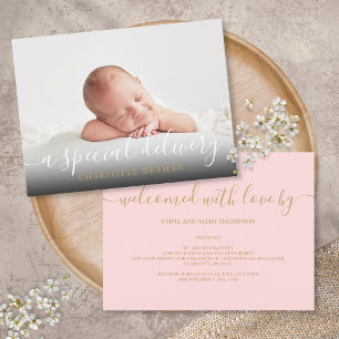 Einfaches Baby-Foto-Script Rosa Mädchen Geburt  Ankündigungspostkarte