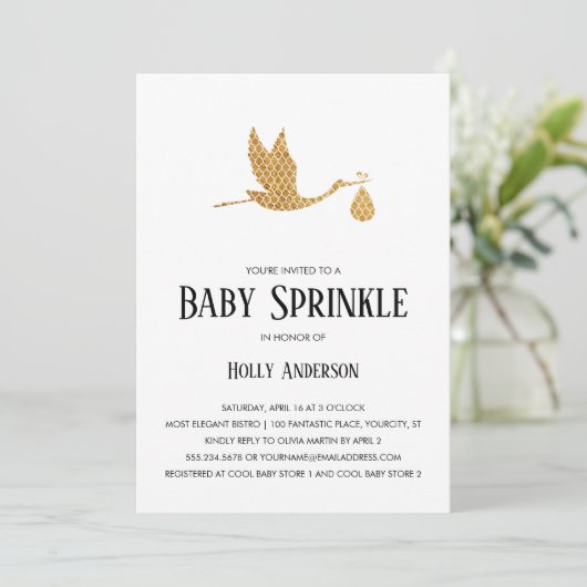 Einfaches Baby Sprinkle Preppy Gold Stork w Bundle Einladung (Stehend Vorderseite)