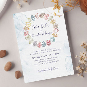 Einfaches Beach Ocean Seashell Wreath Foto Hochzei Einladung