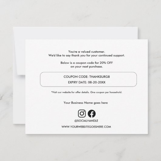 Einfaches, benutzerdefinierter Coupon-Code Dankeskarte (Rückseite)