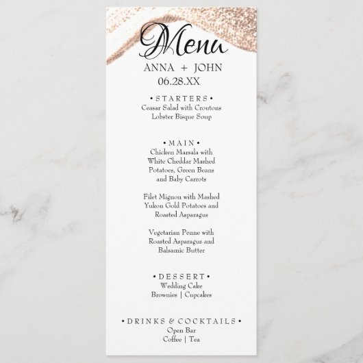 Einfaches, benutzerdefiniertes Gold Glitzer Hochze Menükarte (Vorderseite)
