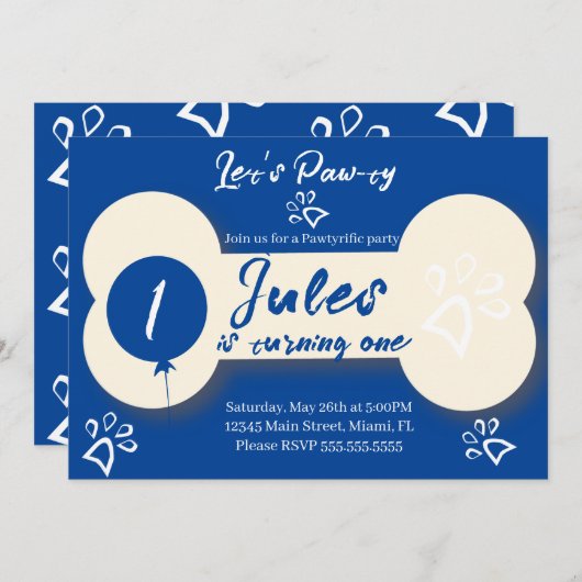 Einfaches Birthday Hund-Knochen-Party Blau Einladung (Vorne/Hinten)