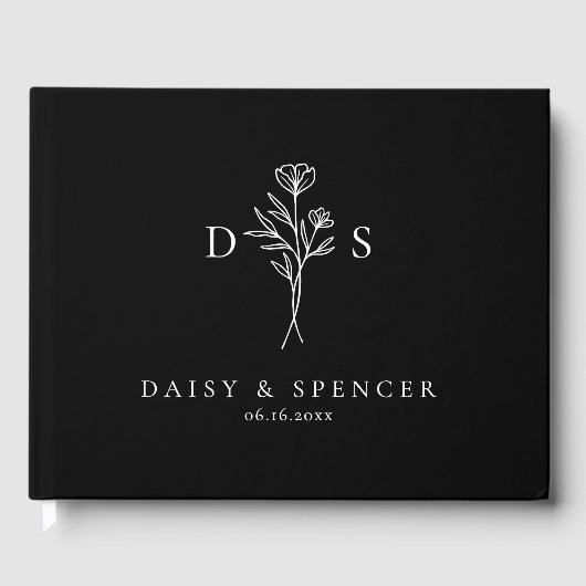 Einfaches Black Floral Monogram Wedding Guest Book Gästebuch (Vorderseite)