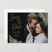 Einfaches Black & Gold Foto Fern Save the Date Ankündigungspostkarte (Vorne/Hinten)