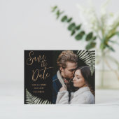 Einfaches Black & Gold Foto Fern Save the Date Ankündigungspostkarte (Stehend Vorderseite)