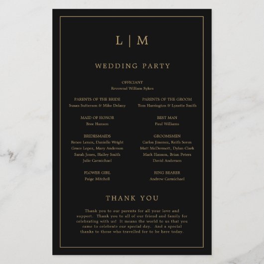 Einfaches Black Gold Hochzeitsprogramm für Monogra (Hinten)