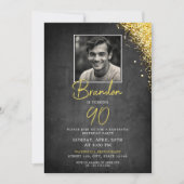 Einfaches Black & Gold Vintages Foto 90. Geburtsta Einladung (Vorderseite)