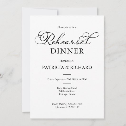 Einfaches Black Script Probe Dinner Einladung (Vorderseite)