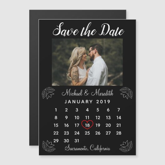 Einfaches Black Wedding Calendar Foto Save the Dat Magneteinladung (Vorne/Hinten)