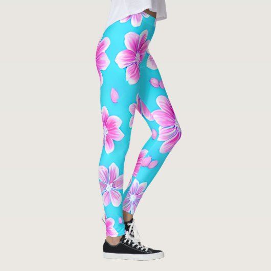 Einfaches Blau und Rosa Blume-Muster Leggings (Rechts)