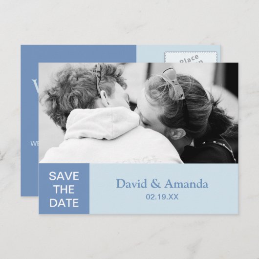 Einfaches blauer Farbblock - Doppeltes Foto Save t Ankündigungspostkarte (Vorne/Hinten)