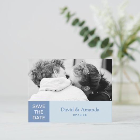 Einfaches blauer Farbblock - Doppeltes Foto Save t Ankündigungspostkarte (Stehend Vorderseite)