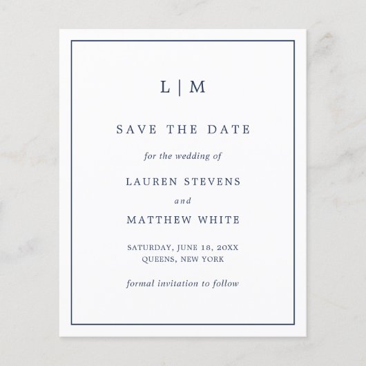 Einfaches blaues Hochzeitbudget für Navy speichert (Vorderseite)