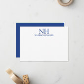 Einfaches blaues Monogramm Modern Mitteilungskarte (Vorderseite/Rückseite Beispiel)