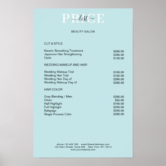 Einfaches blaues Preisliste-Poster Poster (Vorne)
