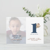 Einfaches Blue & Brown Foto 1. Geburtstag Party Einladung (Stehend Vorderseite)