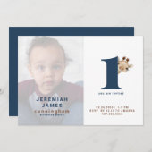 Einfaches Blue & Brown Foto 1. Geburtstag Party Einladung (Vorne/Hinten)