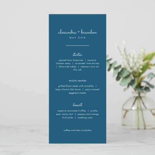 Einfaches Blue Wedding Menu Menükarte (Stehend Vorderseite)