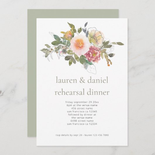 Einfaches Blumengeschirr Grüne Hochzeitsfeier Prob Einladung (Vorne/Hinten)