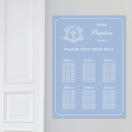 Einfaches Blumenkreuz auf blauem Taufen Sitzplan Poster